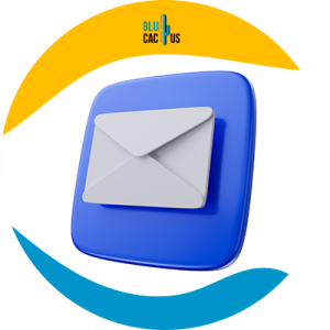 Blucactus - correo de ventas en frio- Icono tridimensional de sobre de correo electrónico comercial B2B sobre fondo azul